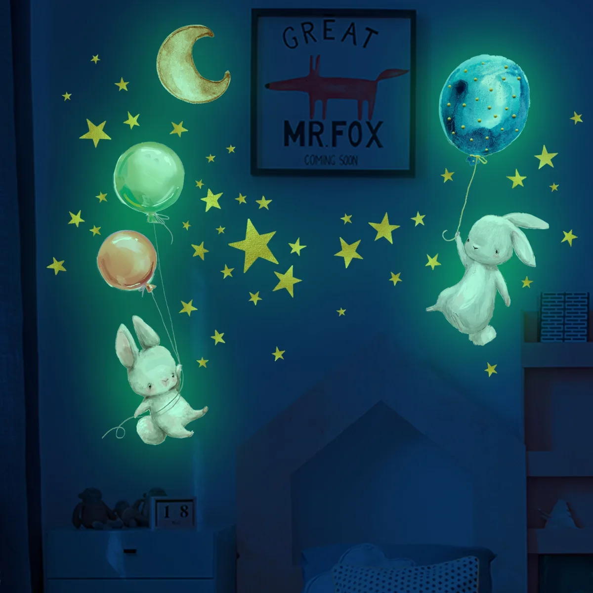 Cartoon Luminous Bunny Balloon PVC Sticker Removable Rabbit Star Wall Glow Stickers luminous wall stickers