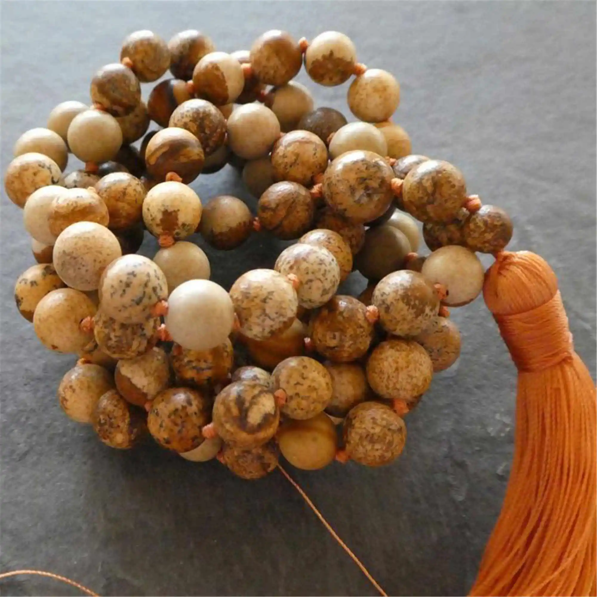 6mm Picture Stone Knot Tassel 108 Bead Mala bracelet Metal Opera length Couples Zen Meditation Stone accessory