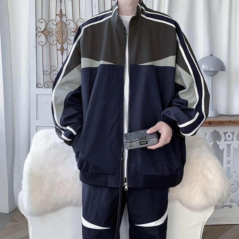 Men Spring Autumn Basic Patchwork Tracksuit Casual Stripe Stand Collar Jacket+Sweatpants Two-Piece Clothing Fashion Streetwear