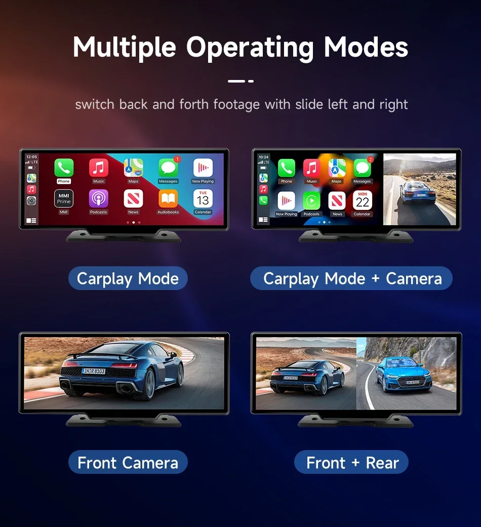 Dash Cam features multiple modes, joystick navigation, CarPlay integration, and dual cameras for complete coverage.