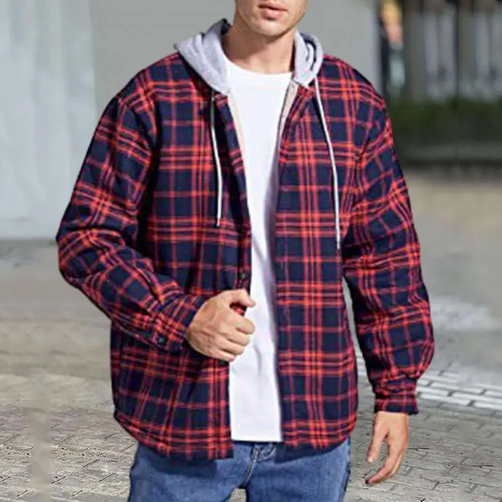 Men's Autumn And Winter Plaid Pattern Jacket Fleece Lined Hooded Drawstring Long Sleeve Loose Cardigan Jacket