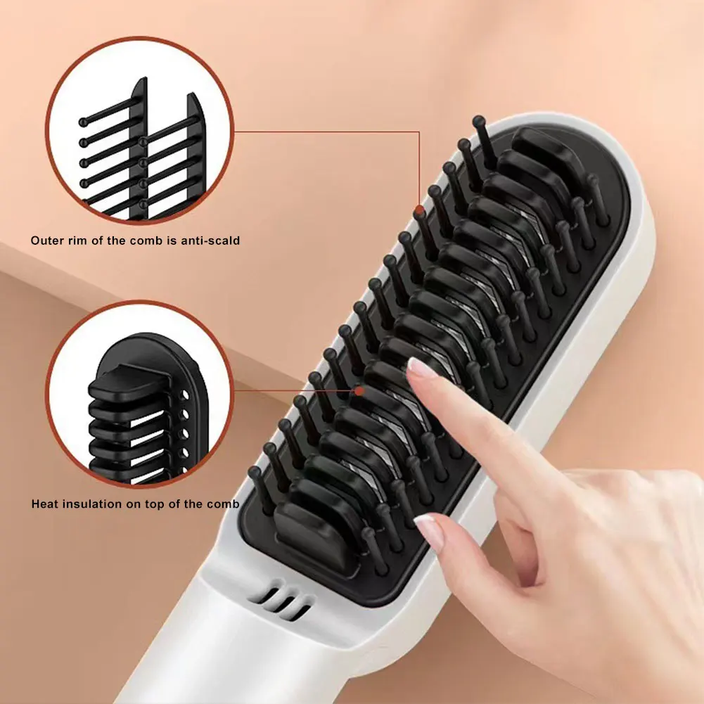 2 in 1 Hair Straightener Brush Anti-frizz Rechargeable Hair Curler Auto-shutoff Fast Heating Hot Comb Styling Tool