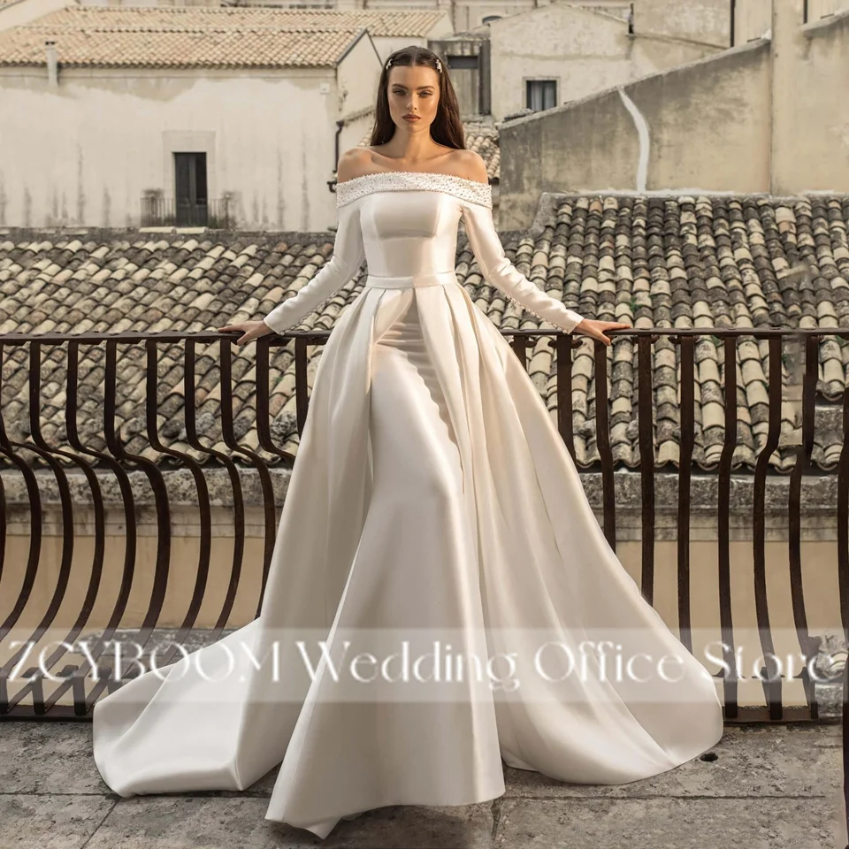 2-in-1 Abnehmbares Meerjungfrauen-Brautkleid aus Satin mit langen Ärmeln 2026 Vintage Perlenbesatz Bootsausschnitt Brautkleider Vestido De Noiva – Detail 3