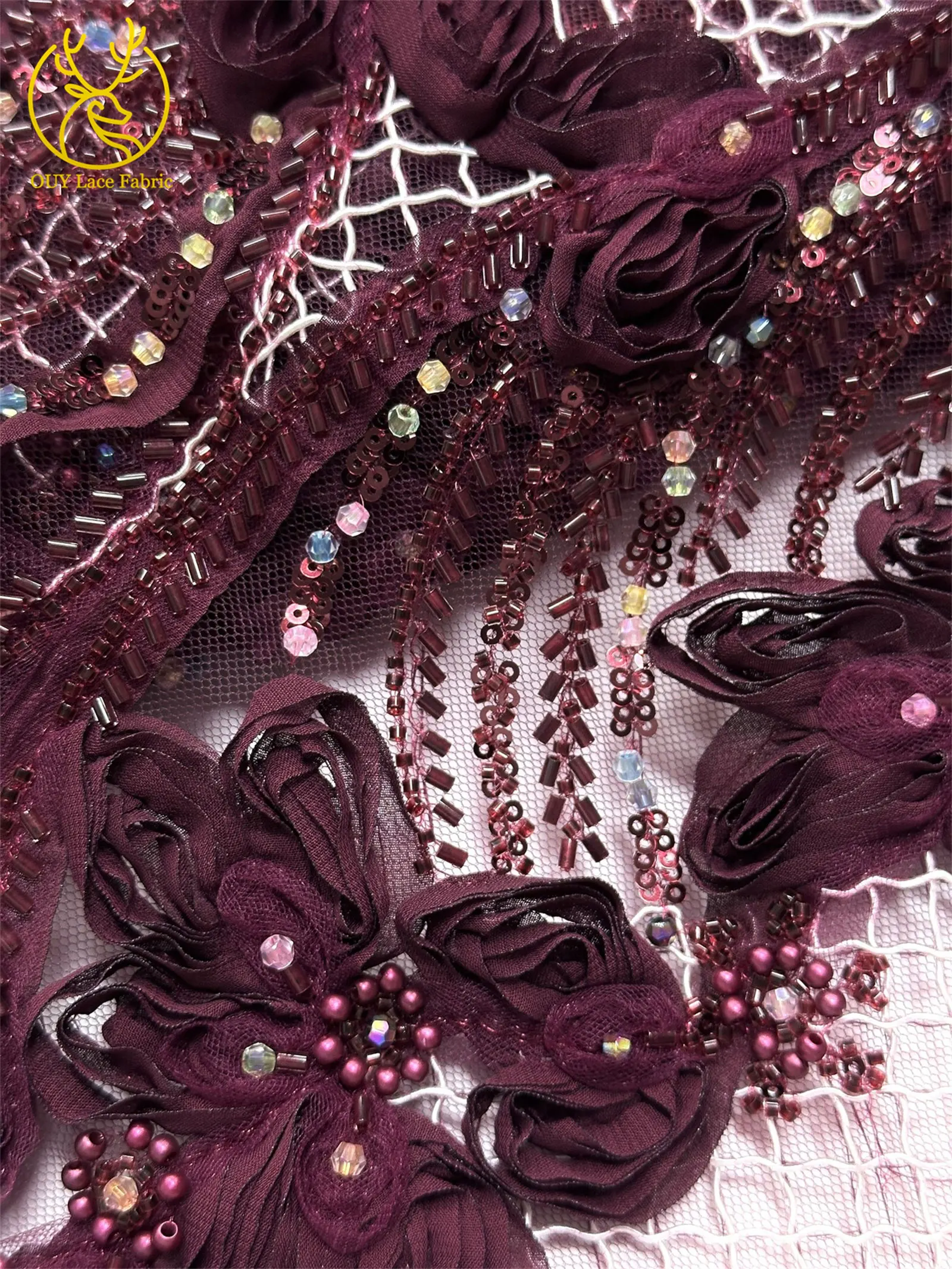 3D Weinrote Modische Afrikanische Perlen-Spitzenstoffe 5 Yards Luxuriöse Französische Nigerianische Pailletten-Spitze für Damen Party Abendkleid Nähen – Detail 13
