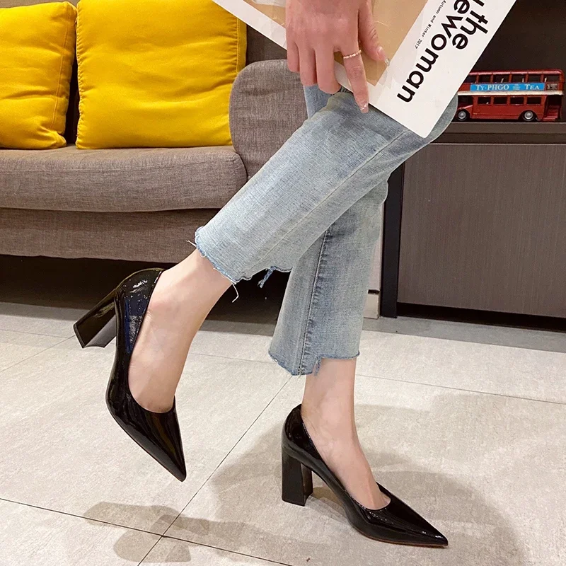 Women Shoes Patent Leather Slip-On Chunky Heels High Heels Women Temperament Pointed Toe Shallow Sexy Wedding Shoes Pumps 6