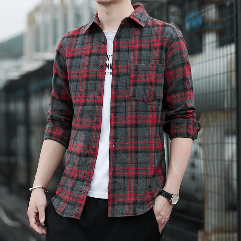 

M--3XL Mens Shirts Spring Autumn Long Sleeve Single Breasted Turn-down Collar Plaid Loose Casual Fashion Male Top Clothes Hw56