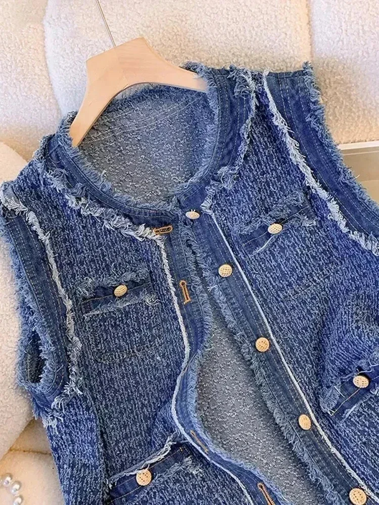 Women Single Breasted Plaid Denim Vest with Tassel Elegant Lady Vests Blue Spring Autumn Flow Sleeveless Tank Top Coat pants buffalo plaid ripped hole patch distressed denim jeans in blue size l