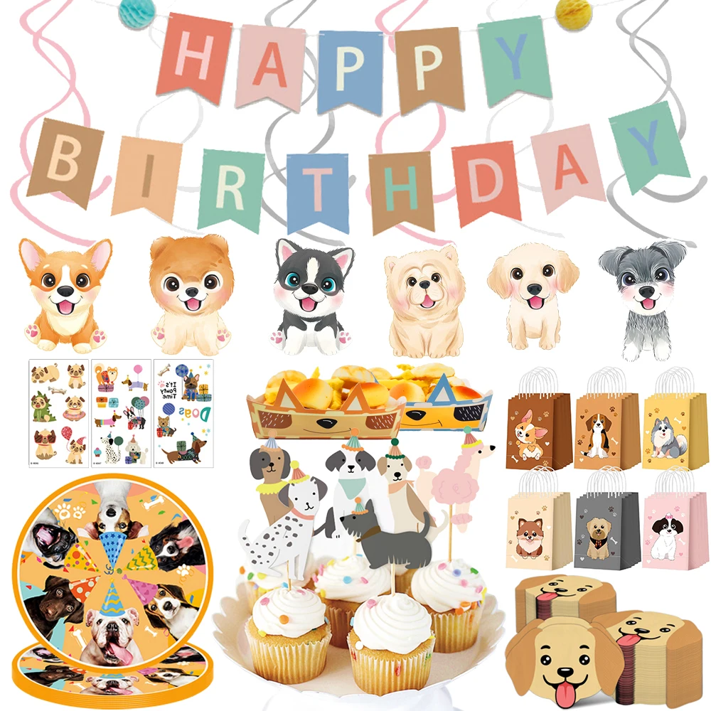Hunde-Party Tischdekoration Pappteller Servietten Banner Anhänger Tortendekoration Geschenktüten Aufkleber Welpen-Themen-Party-Zubehör