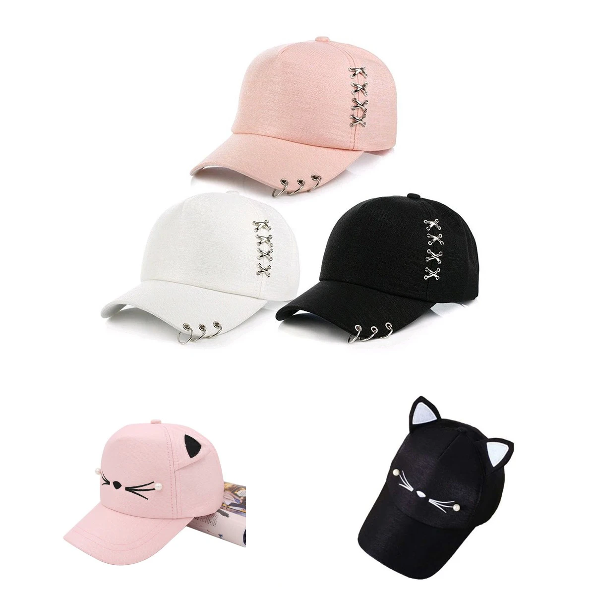

1PCS Spring Fashion Brand Boy Girl Pearl Baseball Cap Adjustable Lovely Embroidery Hat Street Cat Ears Snapback Cap
