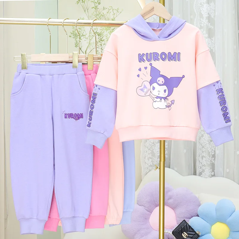 

Autumn Sanrioed Kuromi My Melody Cinnamoroll Girls Color Block Hooded Sweatshirt Cartoon Fashion Kawaii Casual Cotton Suit Hot