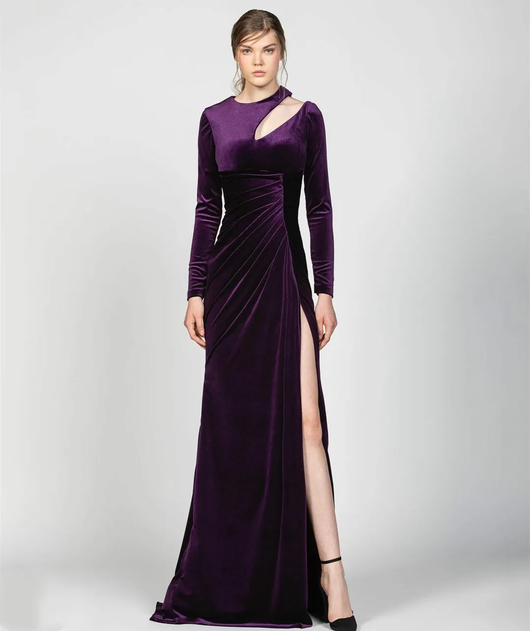 

Sexy Long Grape Velvet Evening Dresses With Slit Mermaid O-Neck Prom Dress Robes de soirée Floor Length Party Dresses