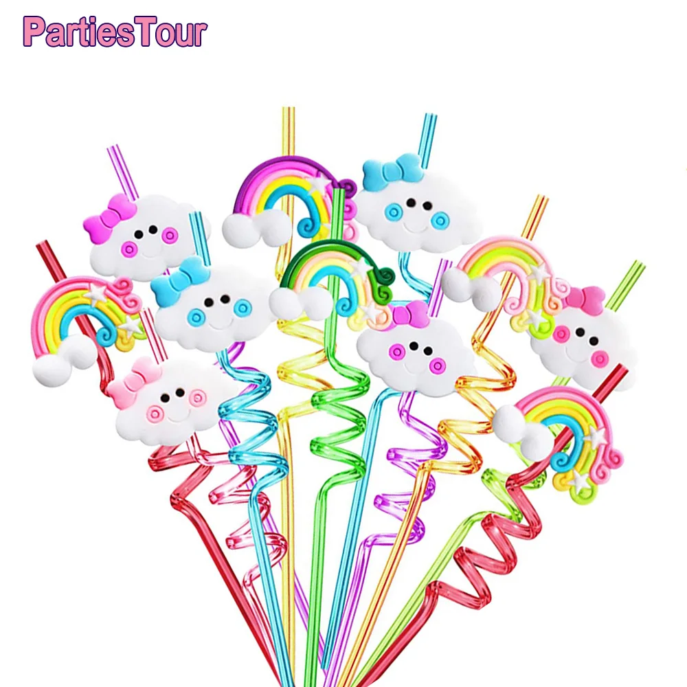 8Pcs 25Cm Unicorn Party Rainbow Cannucce Nuvola Riutilizzabile Cannucce Di Plastica Arcobaleno Tema Compleanno Unicorn Bomboniere