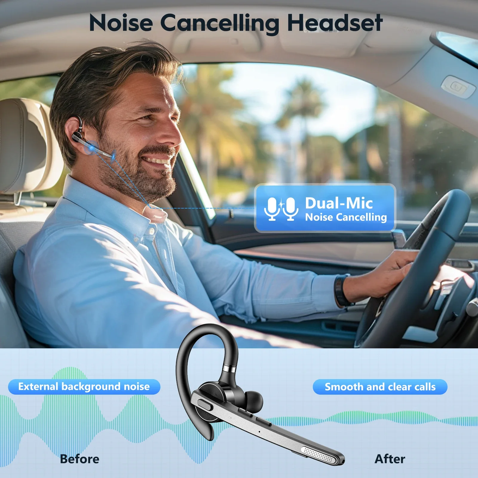 New Bee M53 Wireless Headset Bluetooth Driving Headphone with Dual-Mic Noise Cancelling Handsfree Single Earpiece Earphones 2