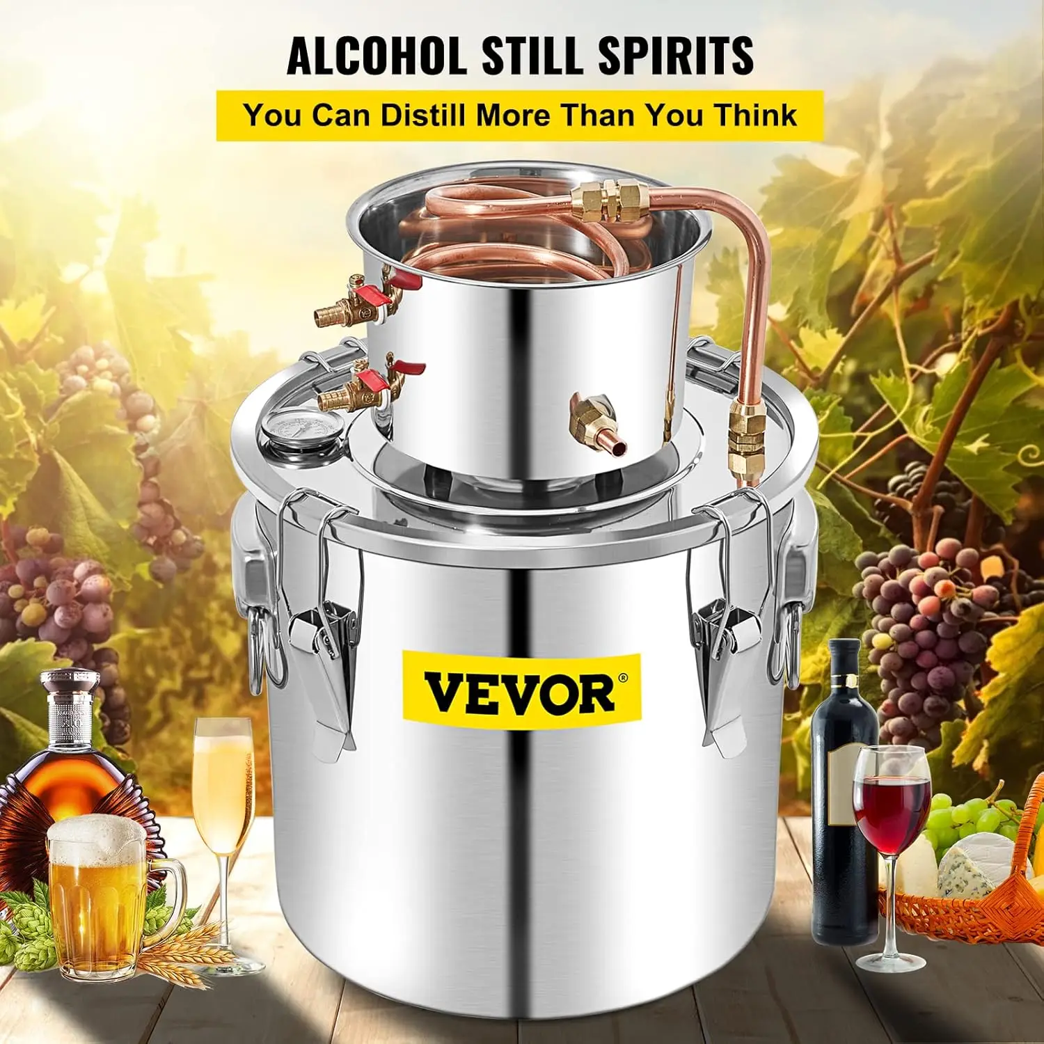 Alcohol Still 13.2Gal/50L Alcohol Distiller Stainless Steel Distillery Kit for With Copper Tube & Pump Home Brewing Kit