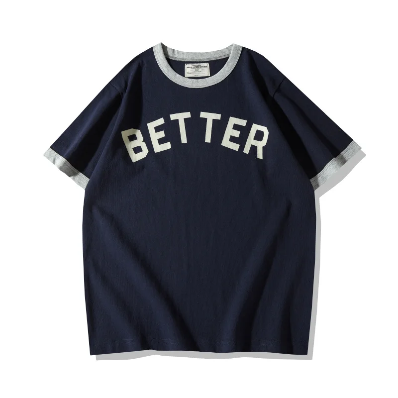 OKONKWO 275g Thick Motorcycle Letter Round Neck T-shirt Color Blocked Thread Heavy Weight TEE Outdoor Riding Sports Half Sleeve