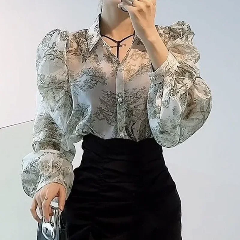 여성용 빈티지 플라워 라펠 칼라 긴팔 상의, 홍콩 스타일, 올매치 슬림 퍼프 소매 프린팅, 우아한 셔츠, 여름 신상 