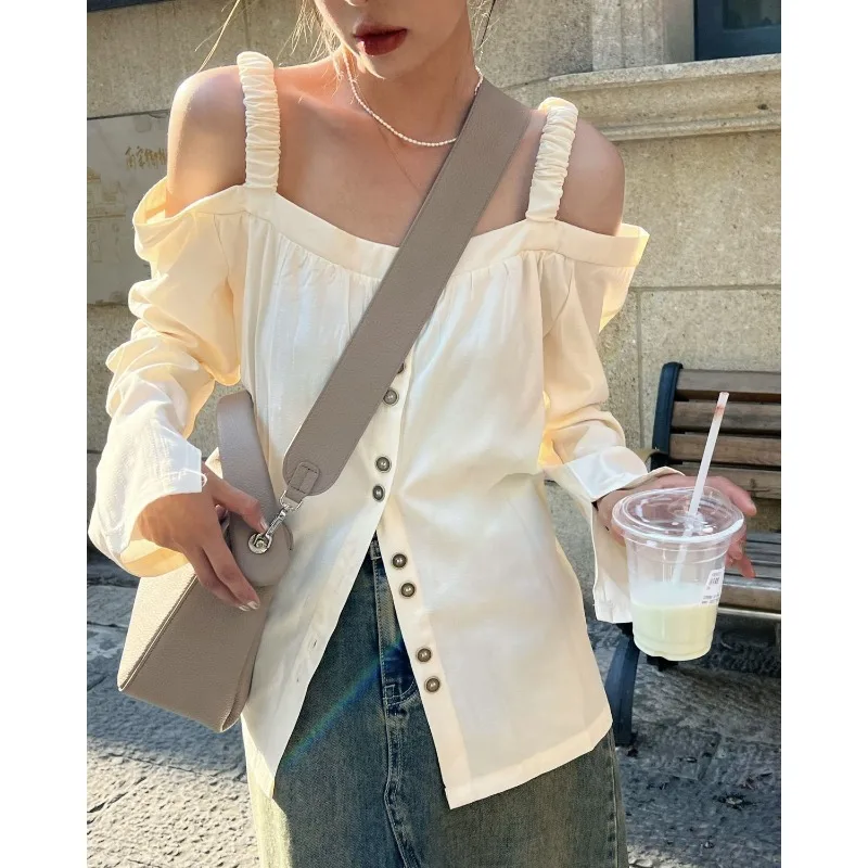 QWEEK Off Shoulder Blouses Women Sexy Oversized Pleated Shirts Korean Fashion Long Sleeve Top Streetwear Chic Vintage Aesthetic