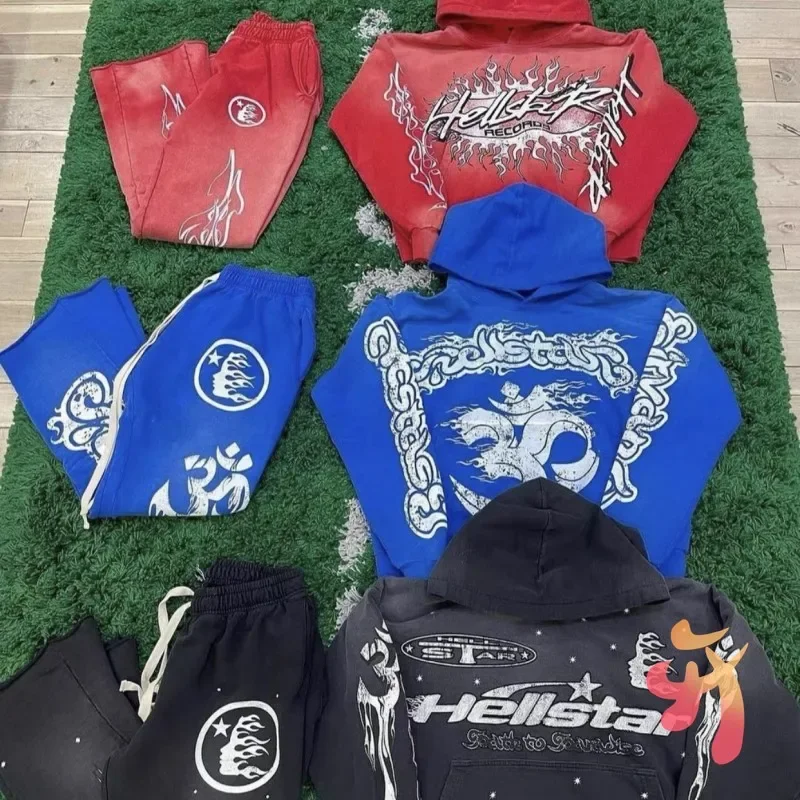 

Blue Red Vintage Graffiti Hellstar Hoodies Tracksuit Cotton Flame Portrait Hooded Pullover Casual Street Men Women Sweatshirts