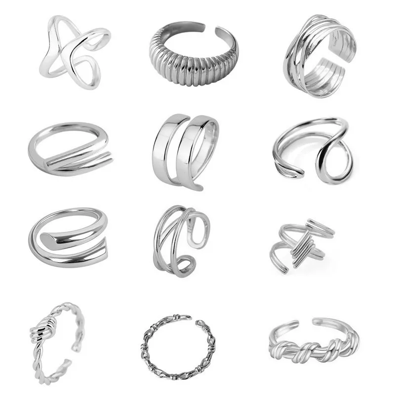 Silver Color Geometric Trendy Hollow Open Rings for Women Couple Simple Fashion Handmade Wedding Jewelry Accessories