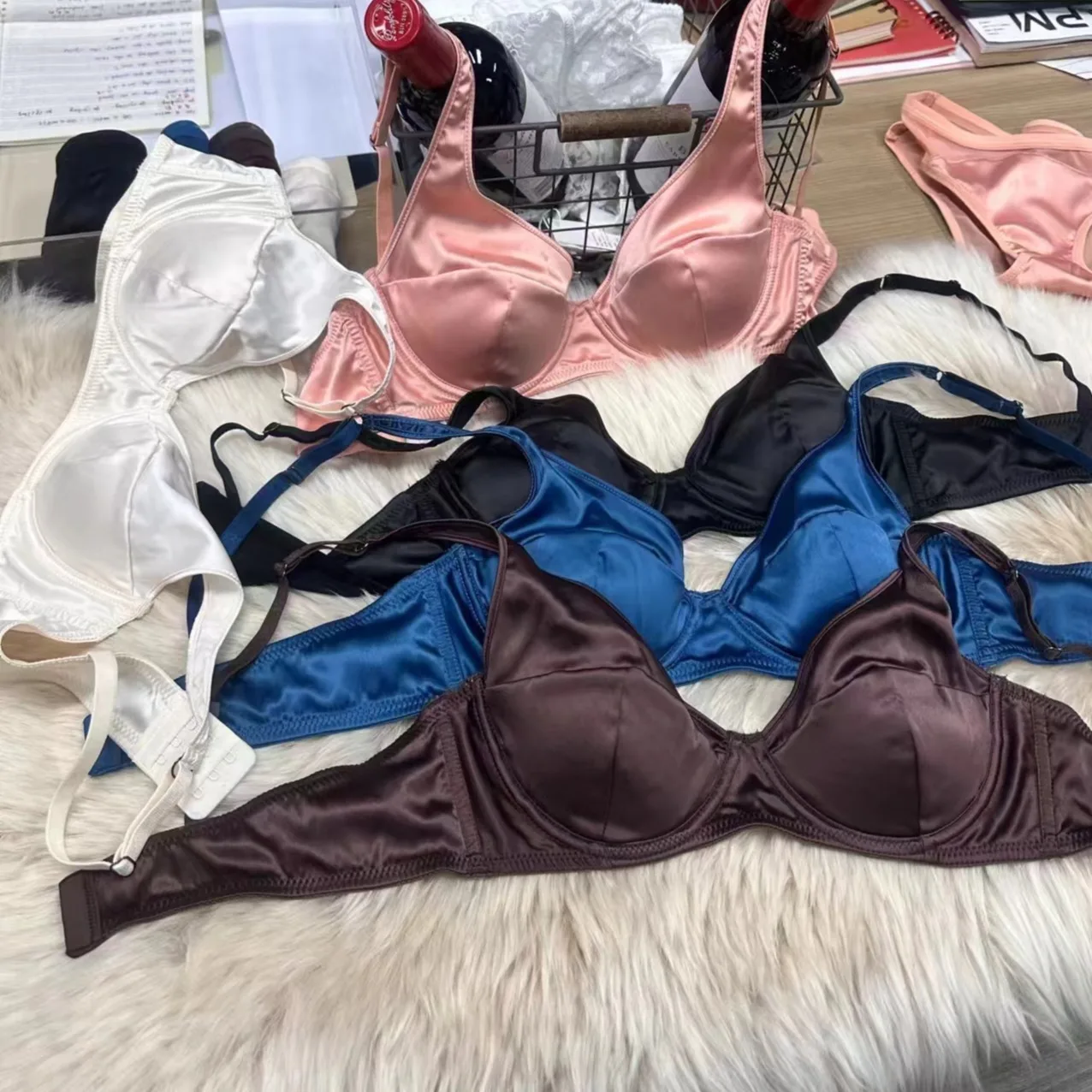 Satin gathered bra set underwear thin comfortable non-marking large breasts show small push up lingerie briefs suit