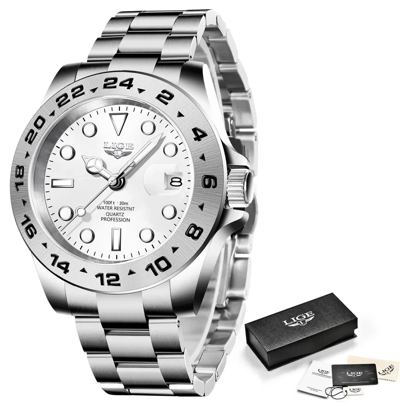 ساعة LIGE للرجال بسوار من الفولاذ المقاوم للصدأ وت...