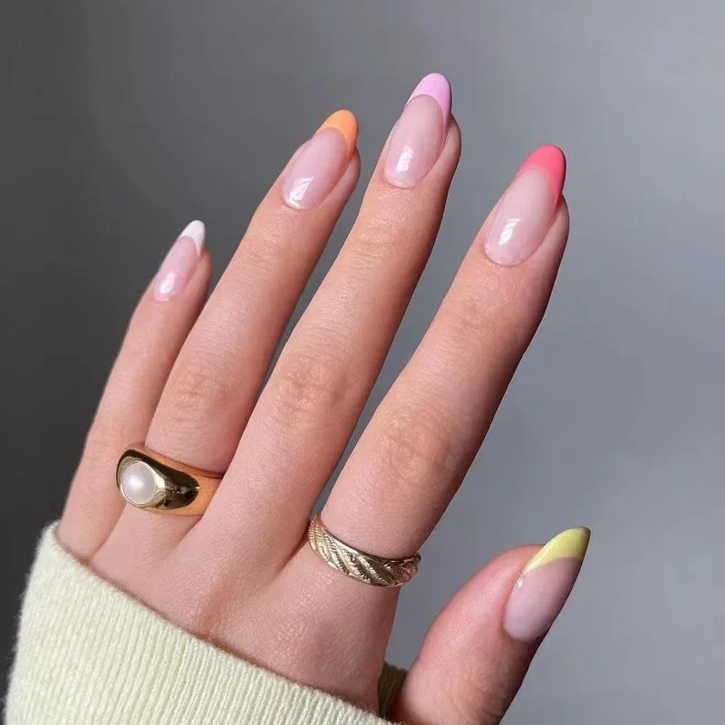 Fake Nails French Nails False Nails French Rainbow Fake Nails Simple Almond False Nails Art Waterproof Removable Artificial Press on Nail with Accessories 24pcs