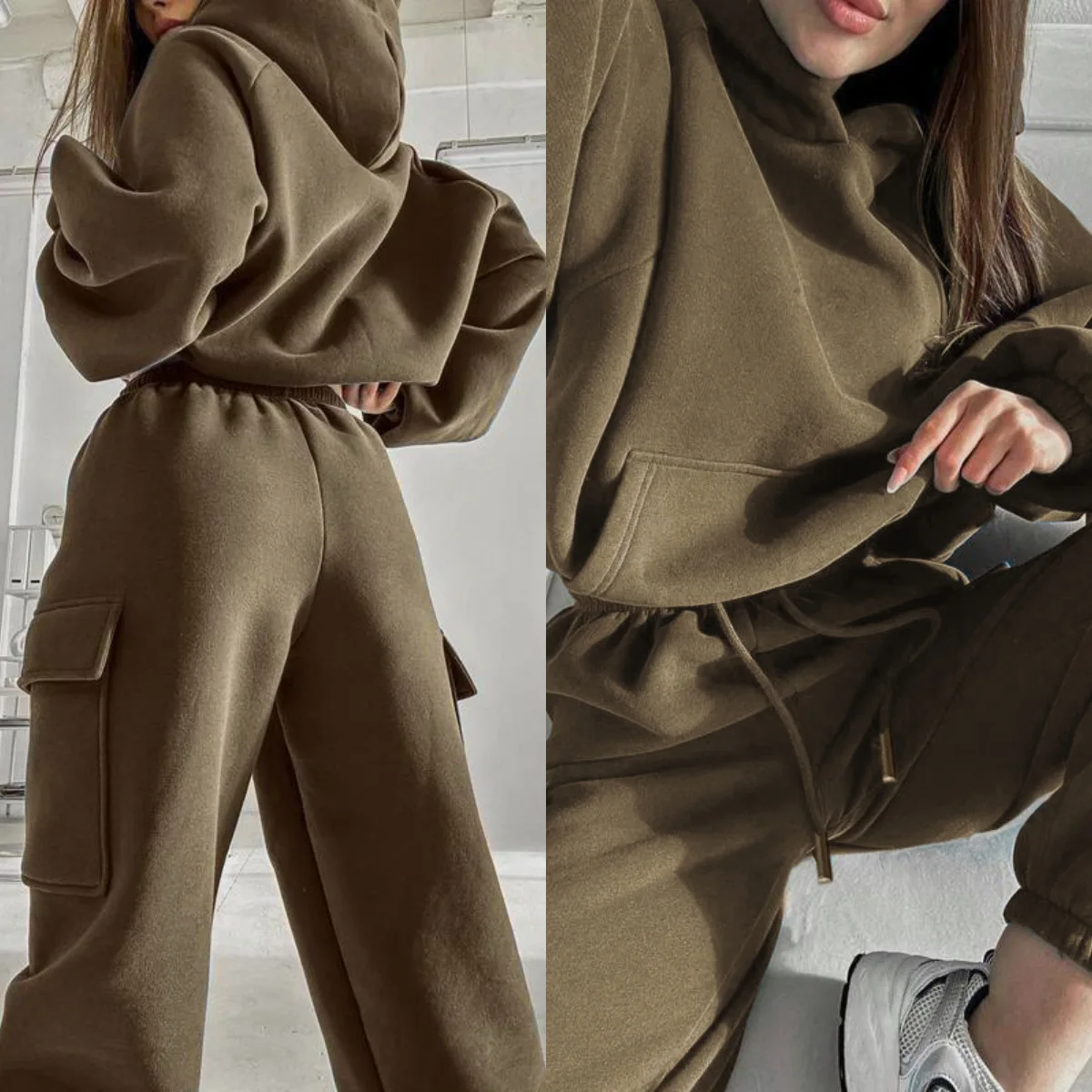 Women Hooded Tracksuit Two Pieces Set Sweatshirts Pullover Hoodies Pockets Pants Suit Drawstring Trousers Sports Outfits Autumn