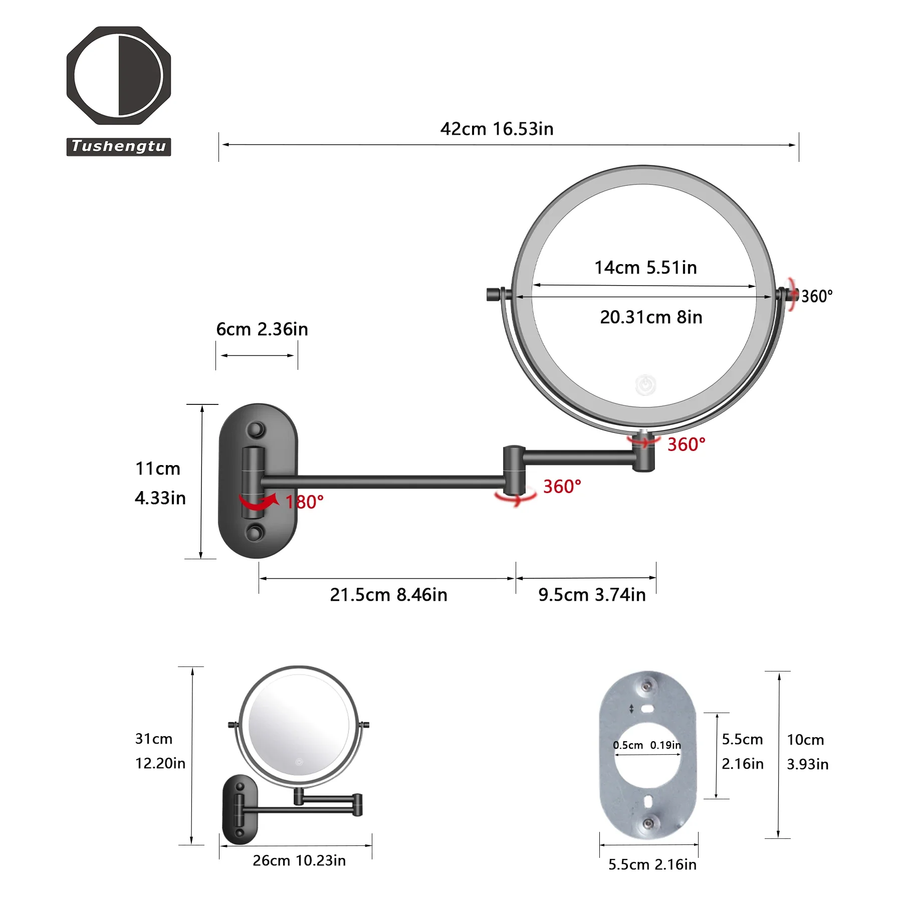 LED wall-mounted makeup mirror, foldable and retractable·no punching·double-sided mirror with light