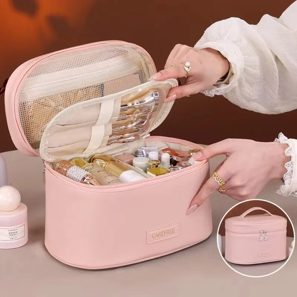 Elegant PU Leather Women's Travel Makeup Organizer - Large Capacity Cosmetic Pouch and Toiletry Storage Tote