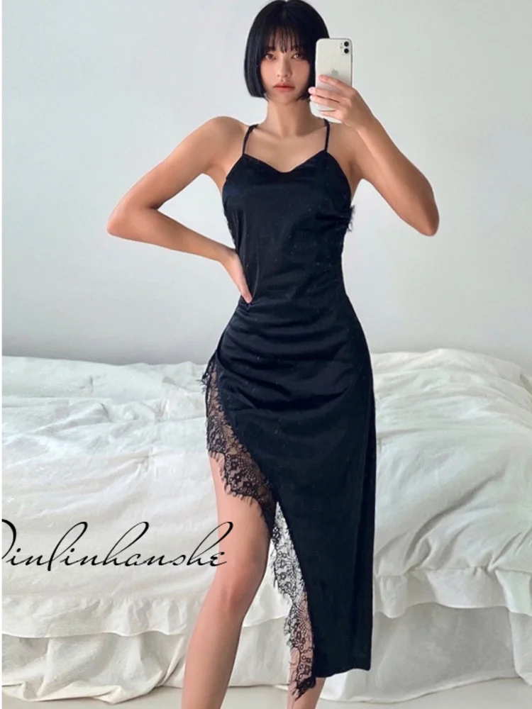 

Korean Sexy 2022 Spring Backless Lace Splice Silk Tank Maxi Long Winter Autumn Dress Elegant Fashion Robe Lace C279