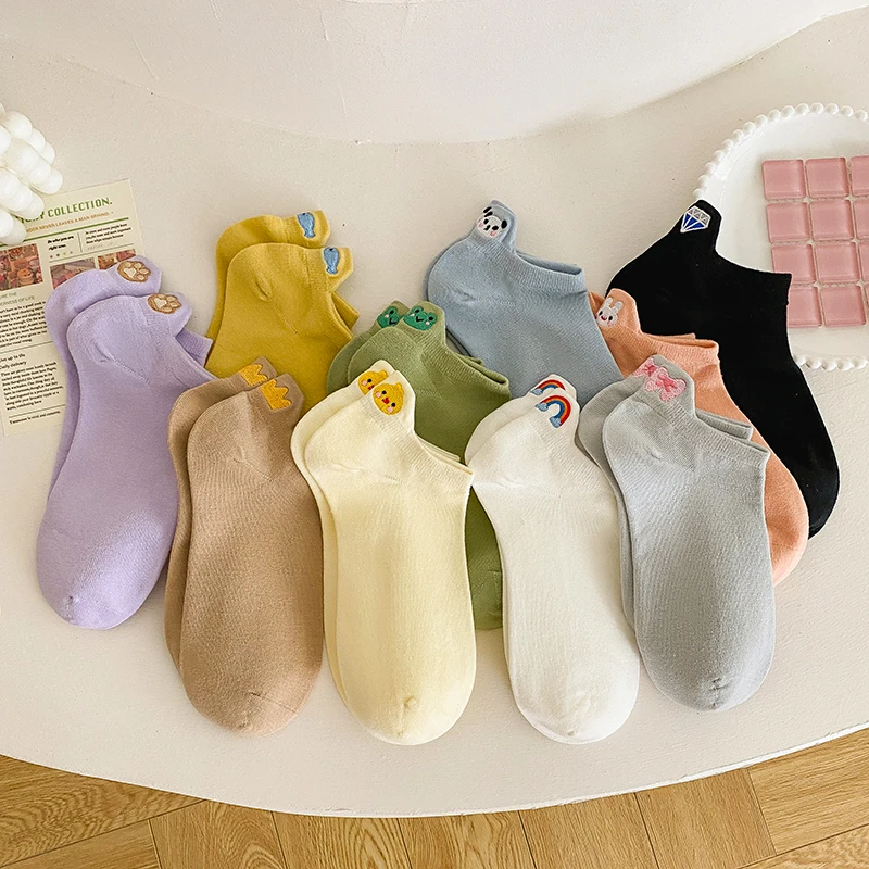 5 Pairs Korean Style Kawaii Candy Color Ankle Socks – Funny Animal Design, Cotton, Spring/Summer Collection