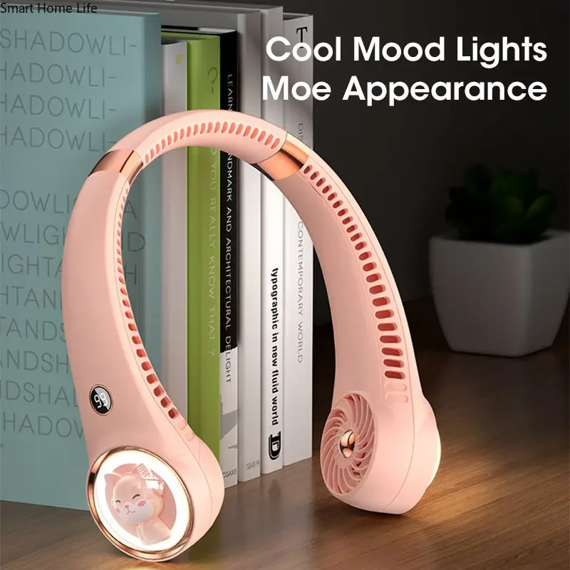 Bladeless Neck Fan USB Rechargeable 2000mAh Hands Free Digital Display Cat Design Mini Fan for Travel Office Home Use