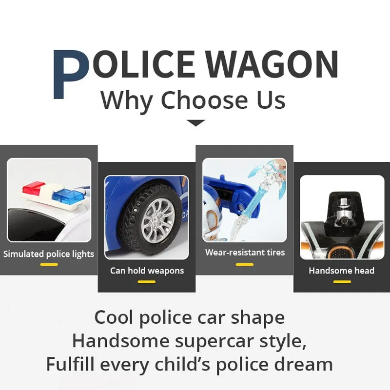 Blue  Children's Collision Deformation Police Car Toy Boy Inertia Impact One-Button Deformation Car