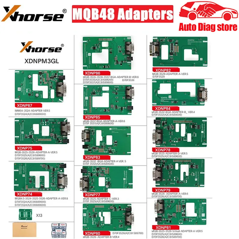 

Xhorse MQB48 No Disassembly No Soldering 13 Full Set Adapters XDNPM3GL For VVDI PROG and Key Tool Plus Pad VVDI MAX PRO