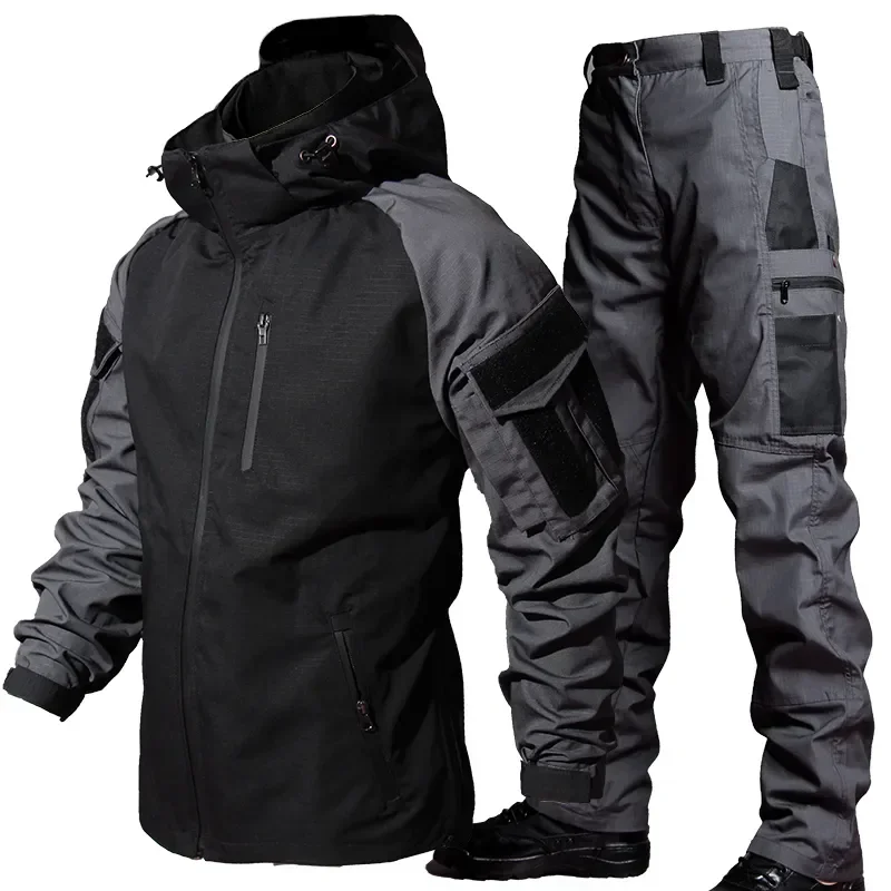 

Outdoor Combat Training Suit Soft Shell Work Wear Tactical Waterproof Sets Men Jacket SWAT Army Hooded Jackets Pants 2 Pcs Set