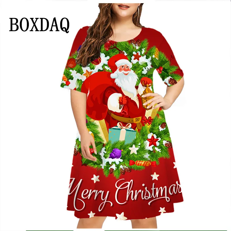 Sweet Cute Santa Claus Dress Christmas Print Women's Short Sleeve