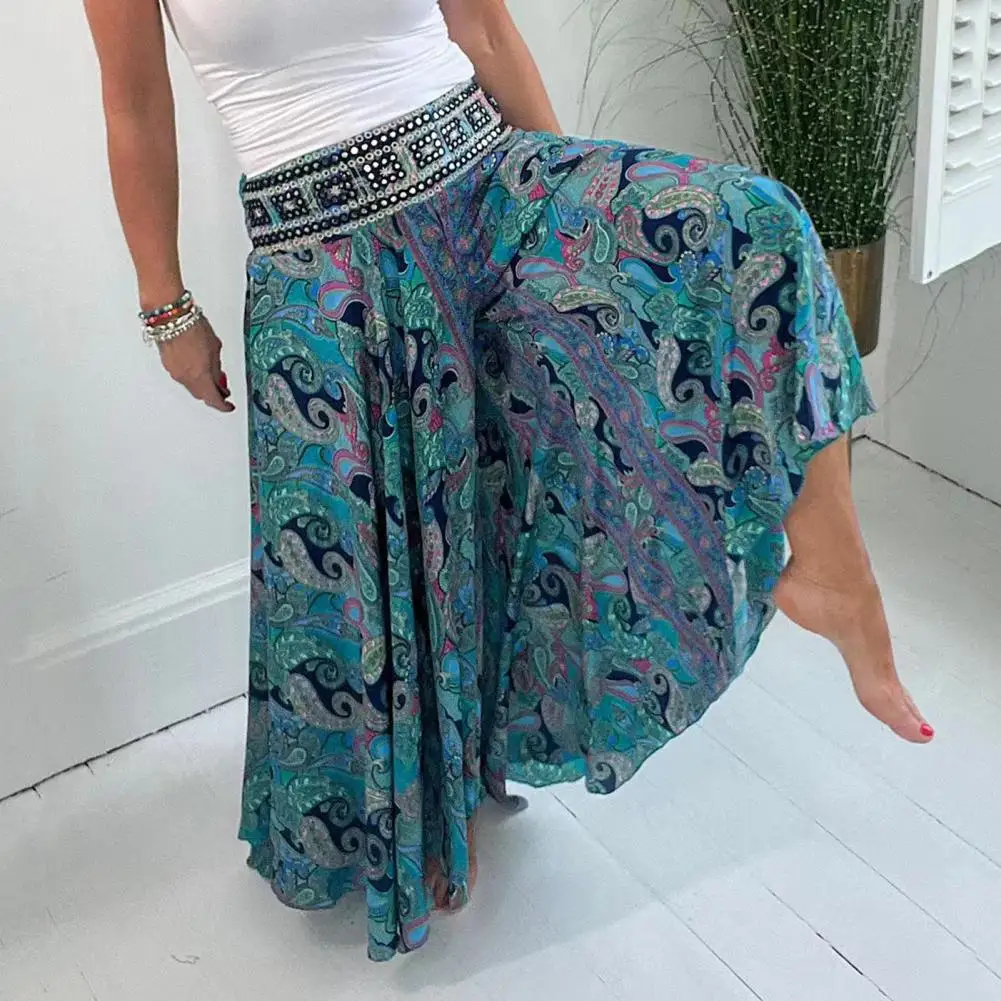 Skirt Pants Stylish Women's Wide Leg Pants Retro Printing Culottes High Waisted Flowy Trousers for Work Casual Streetwear