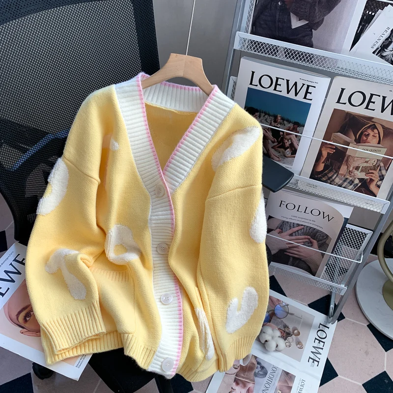 

Sweet Cardigans Women Knitted Coats Korean Style Loose Sweaters 2023 New Autumn Winter V Neck Knitted Oversized Sweaters