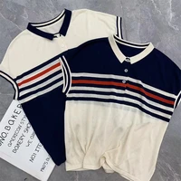 Women Clothing Summer Trendy Striped Polo Collar Ice Silk Knitted T-shirt Elegant Simple Casual Short Sleeve Loose Pullover Tops - Image 4
