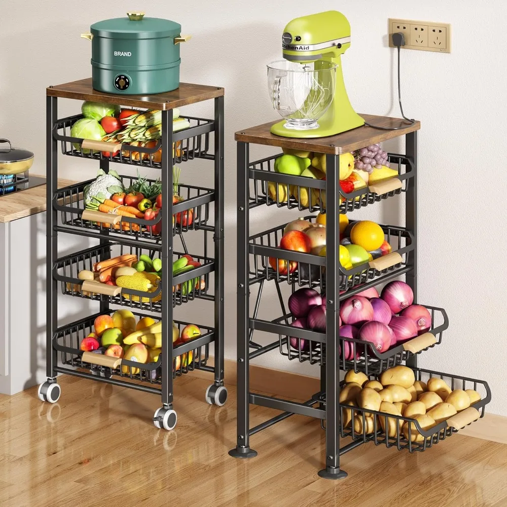 

SAYZH Fruit Basket for Kitchen, 5 Tier Large Pull-Out Wire Basket with Wood Top and Wheels, Kitchen Storage Cart for Fruit