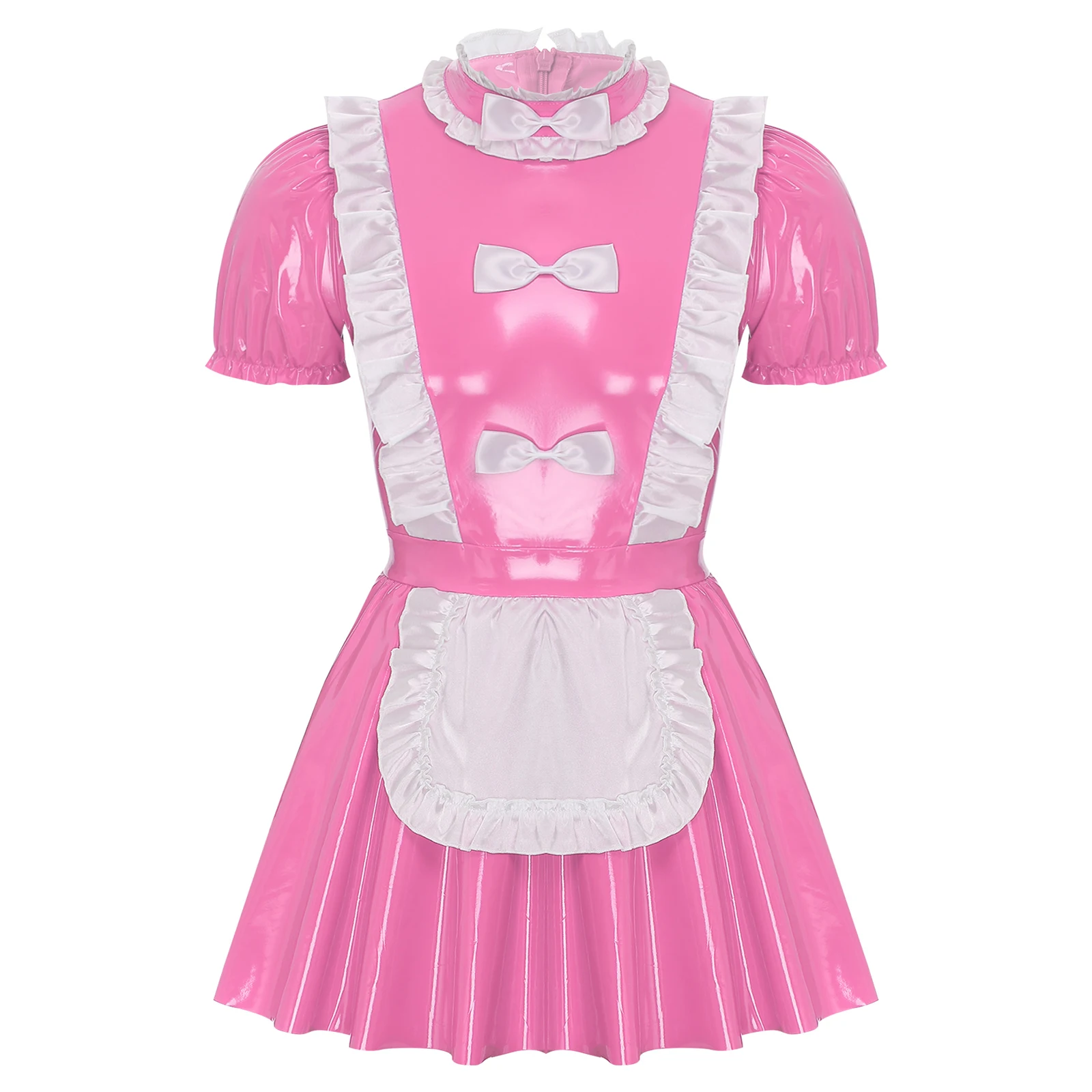 Gay Mens Sissy Maid Dress Ruffles Trims Patent Leather Naughty Maid Uniform Puff Sleeve A-Line Dress Rave Party Cosplay Clubwear