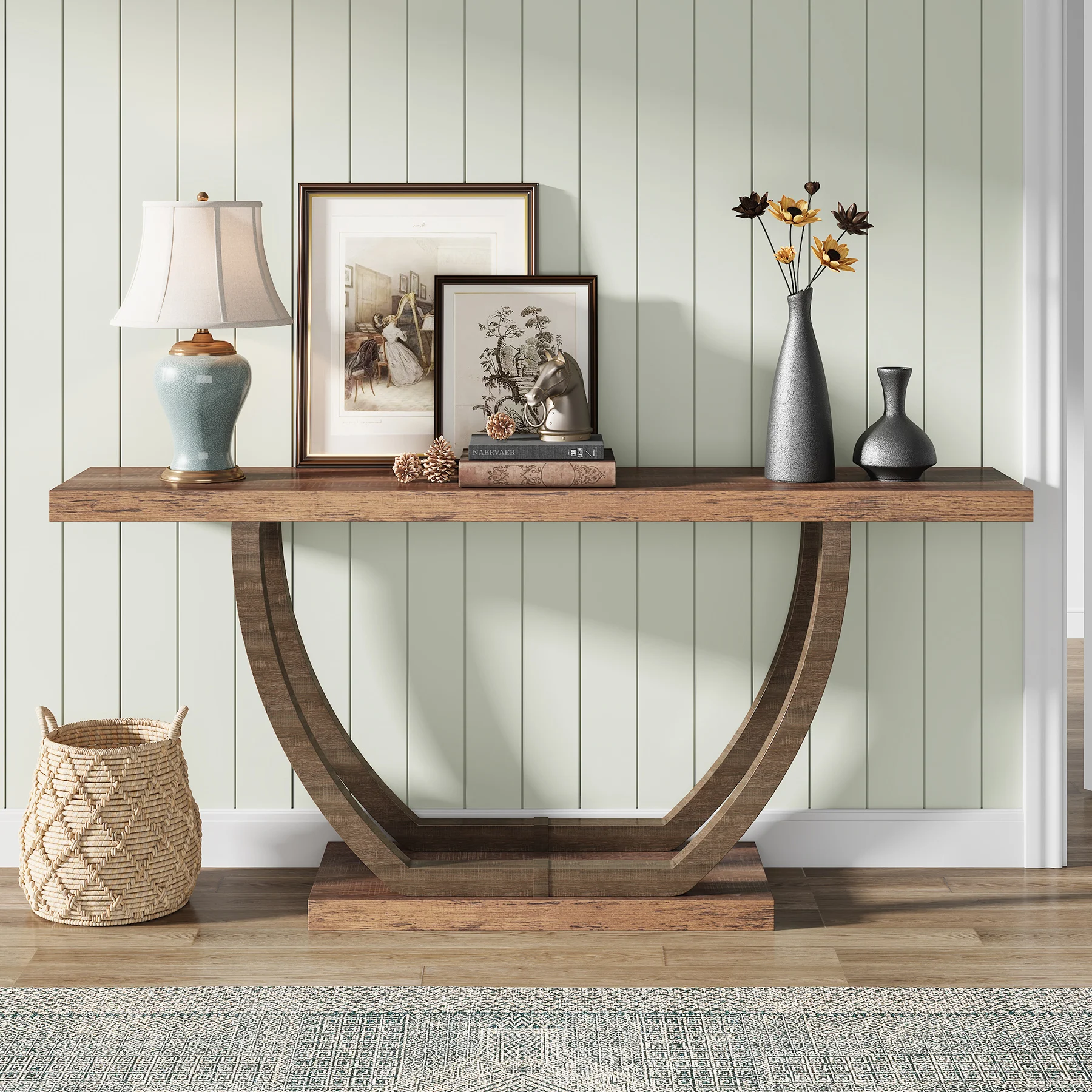 Tribesigns 63-Inch Skinny Console Table with Geometric Base 2-Tier Farmhouse Sofa Table Narrow Long, Behind Couch Table