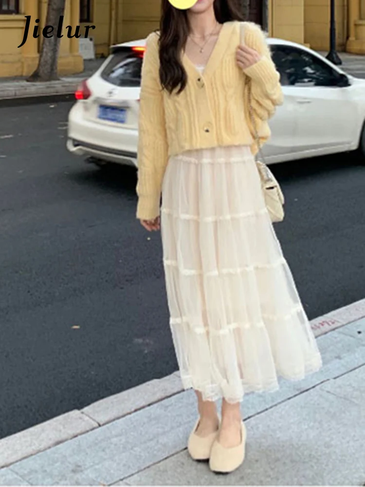Jielur 여성용 단색 슬림 가디건, 우아한 스트리트 가디건, 노란색, 심플한 기본 패션 상의, 스위트 숙녀용, 가을 신상