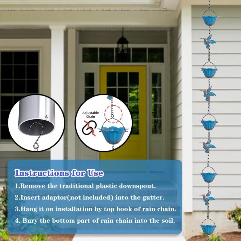 Outdoor Hummingbird Rain Chain With Bell 2.4 Meter Decorative Rain Catcher Chain