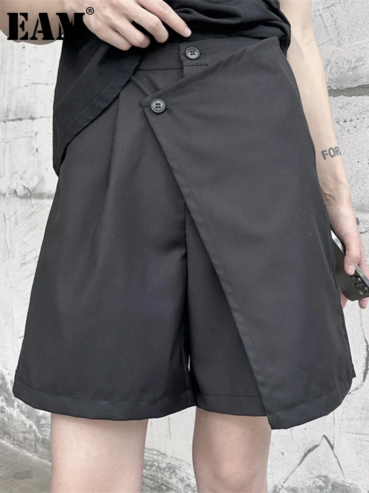 

[EAM] Women Black Irreuglar Pleated Wide Leg Shorts New High Waist Loose Fit Trousers Fashion Tide Spring Summer 2024 1DF9661