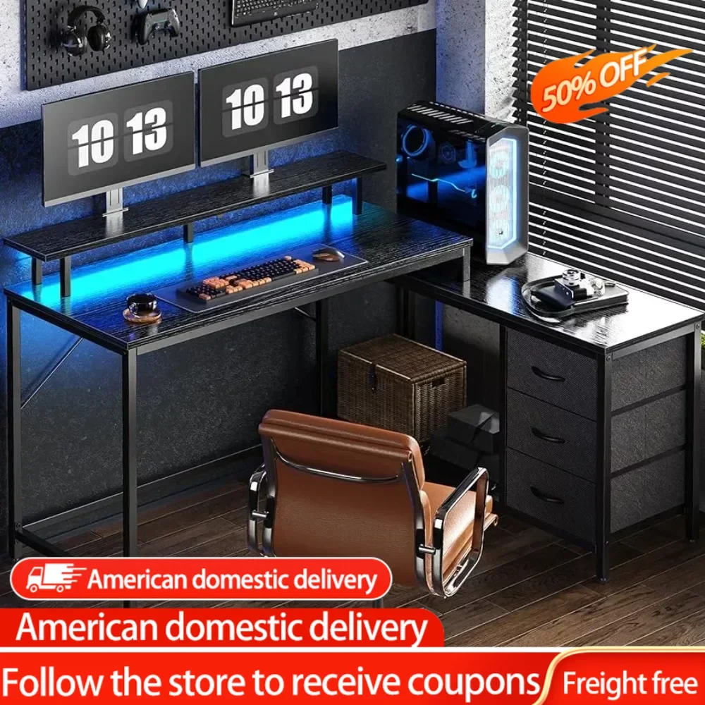 

Gaming Desk With LED Lights and Power Outlets Portable Folding Table for Laptop Bed Home Office Desks Black Freight Free Mobile