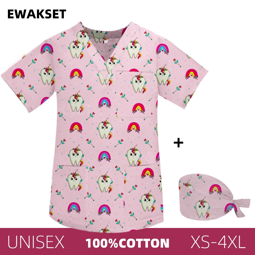 Women Men Scrub Tops Caps Teeth Printed Short sleeve Dentist Shirt Dental Uniform Nurse Doctor V-Neck Hospital Medical Blouse