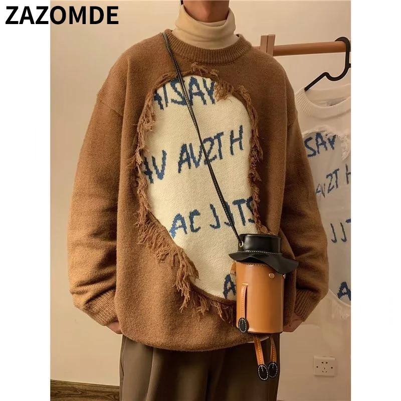 Tanie ZAZOMDE Winter Streetwear z długim rękawem postrzępiony sweter człowiek Oversize