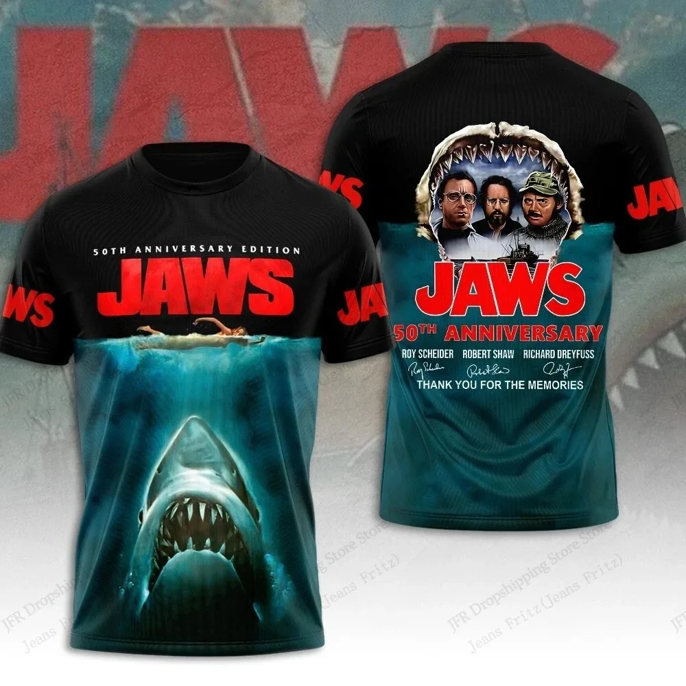 Jaws 50. Jubiläum Film-Grafik T-Shirt, Klassischer Hai-Horrorfilm 3D-Druck Rundhals Kurzarm Herren Casual Streetwear T-Shirt