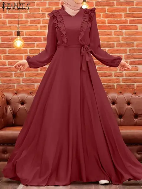  - Elegant Women Muslim Maxi Dress ZANZEA Fashion V Neck Long Sleeve Satin Sundress Eid Mubarek Ramadan Turkey Abaya Long Vestidos